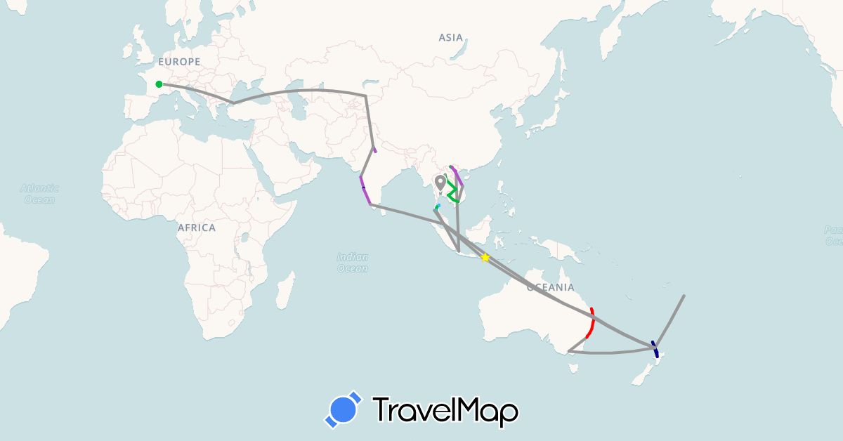 TravelMap itinerary: driving, bus, plane, train, boat, hitchhiking, campervan in Australia, France, Indonesia, India, Kyrgyzstan, Cambodia, Laos, Malaysia, New Zealand, Thailand, Tonga, Turkey, Vietnam (Asia, Europe, Oceania)