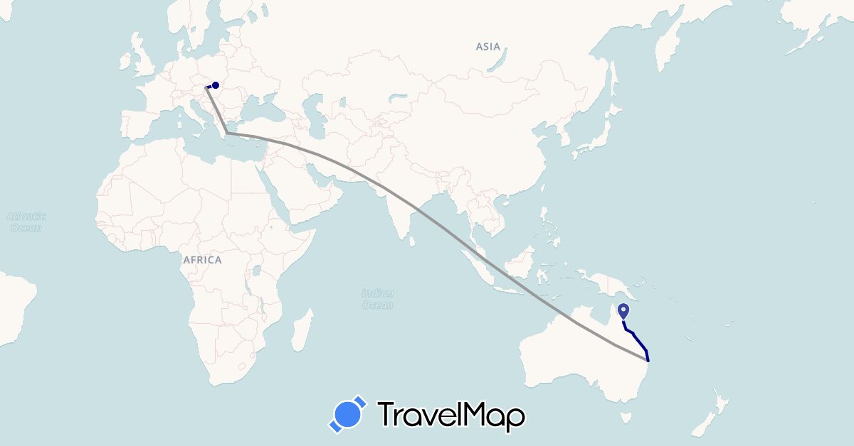 TravelMap itinerary: driving, plane in Australia, Greece, Singapore, Slovakia (Asia, Europe, Oceania)
